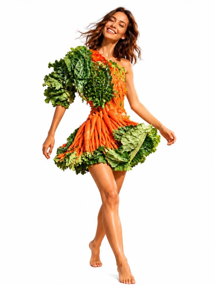 Mujer sonriente con un vestido hecho de verduras frescas